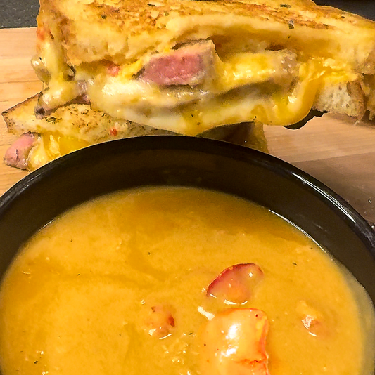 Maine Lobster Bisque with Steak Grilled Cheese