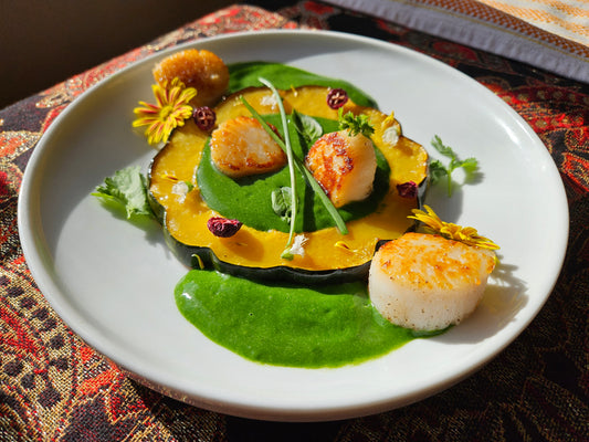 Scallops with Roasted Squash and Spinach Puree