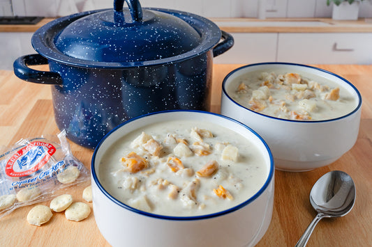 Nee England clam chowder with blue pot