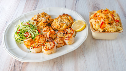 Scallop, Crab Cake and Lobster Mac Combo overhead