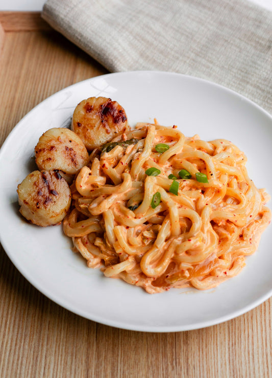 Kimchi Carbonara Udon with Seared Scallops