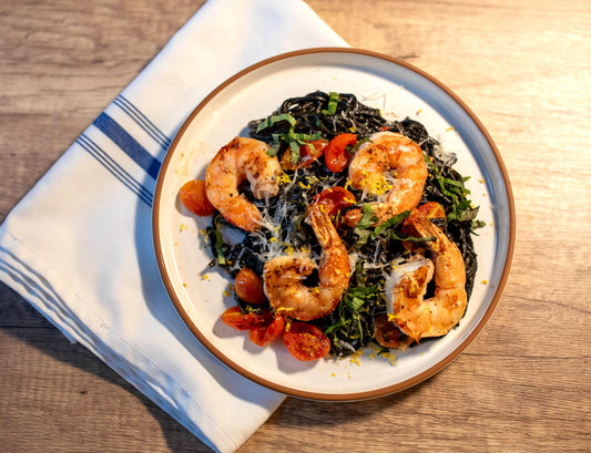 Squid ink pasta with shrimp