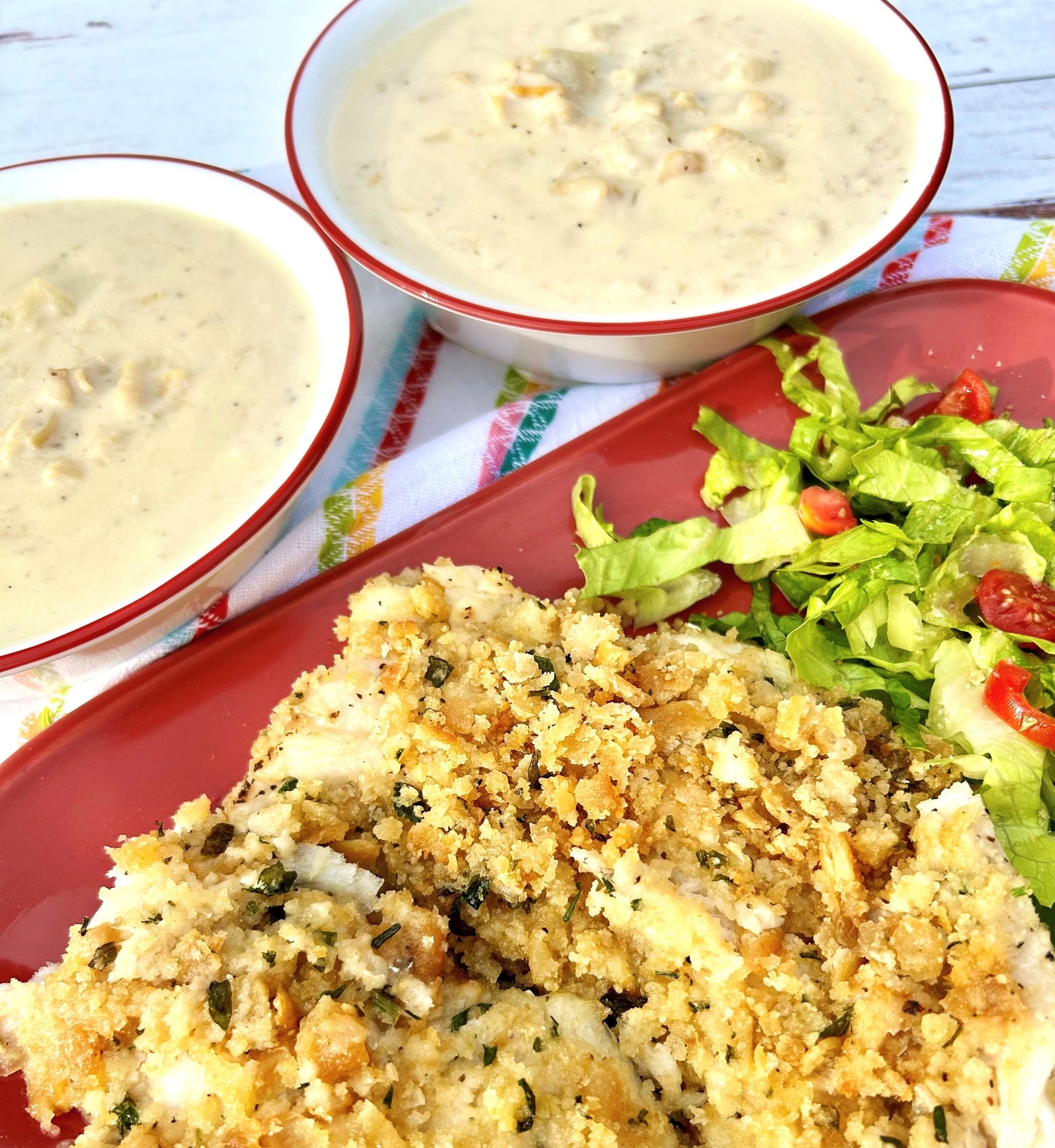 Haddock and clam chowder close-up
